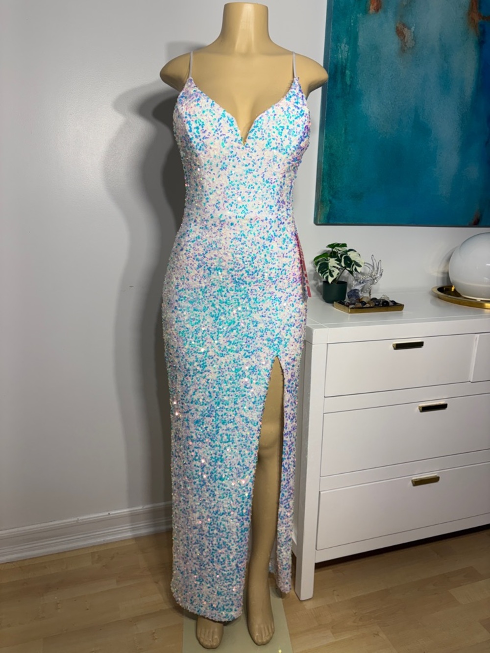*B. Smart Pastel Iridescent Sequin Spaghetti-Strap Prom Dress